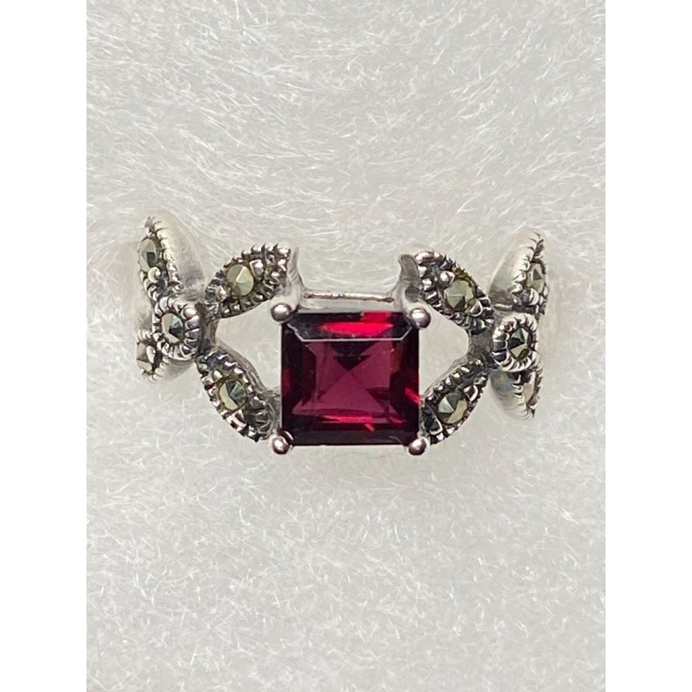 FAS 925 Vintage Deep Pink Square Cut Tourmaline Ring SZ 6 with Marcasite Flowers